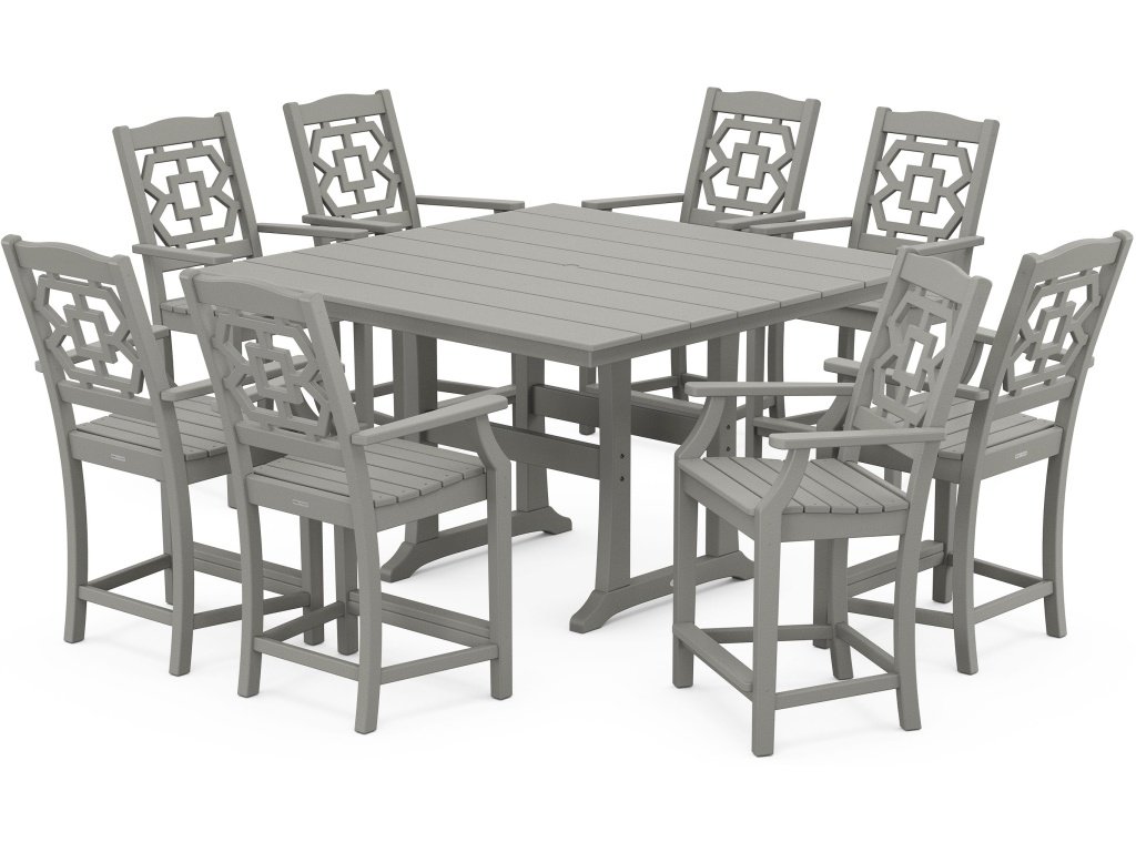 Chinoiserie 9-Piece Square Farmhouse Counter Set With Trestle Legs