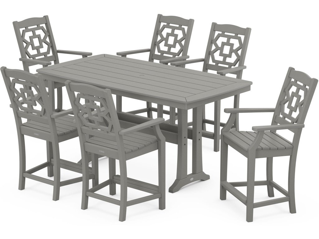 Chinoiserie Arm Chair 7-Piece Counter Set With Trestle Legs